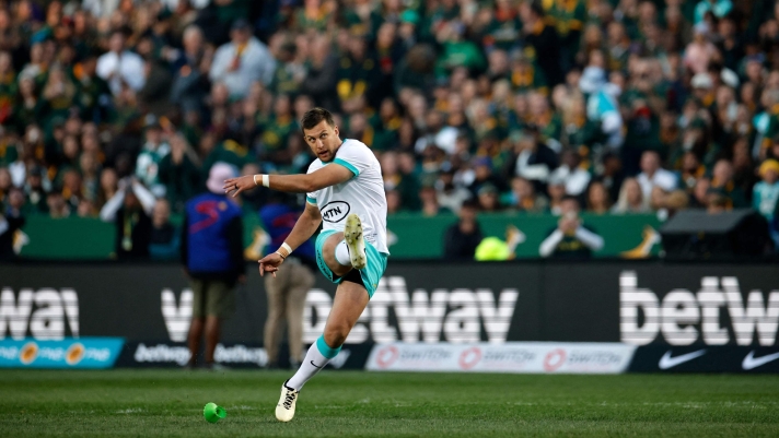 South Africa's fly-half Handre Pollard converts the team's first try during the first Rugby Union test match between South Africa and Ireland at Loftus Versfeld stadium in Pretoria on July 6, 2024. (Photo by PHILL MAGAKOE / AFP)