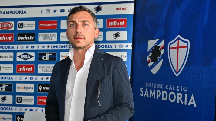 Matteo Manfredi uno dei due soci di maggioranza della Uc Sampdoria, durante la presentazione alla stampa. Genova,28 giugno 2023.
ANSA/LUCA ZENNARO