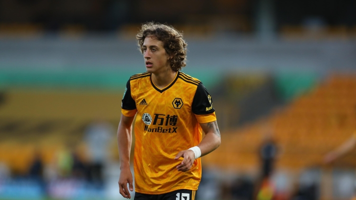 Wolverhampton Wanderers' Fabio Silva runs during the English League Cup soccer match between Wolverhampton Wanderers and Stoke City, in Molineux Stadium in Wolverhampton, England, Thursday, Sept. 17, 2020. (Cath Ivill/Pool via AP)