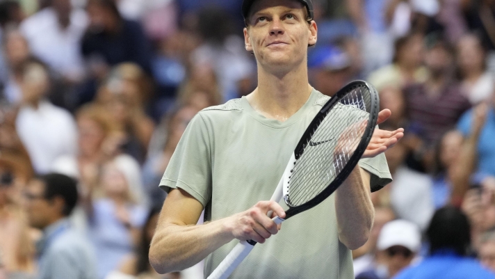 Jannik Sinner, of Italy, reacts after defeating Jack Draper, of Great Britain, during the men's singles semifinals of the U.S. Open tennis championships, Friday, Sept. 6, 2024, in New York. (AP Photo/Kirsty Wigglesworth)