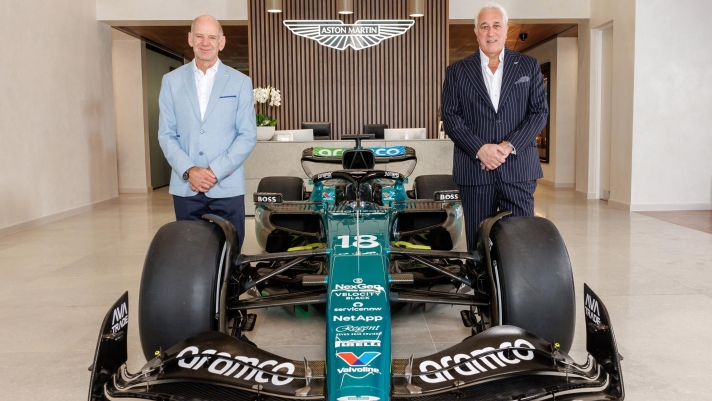 presentazione adrian newey con aston martin lawrence stroll