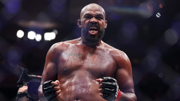 NEW YORK, NEW YORK - NOVEMBER 16: Jon Jones of the United States of America reacts after his TKO victory against Stipe Miocic of the United States of America in the UFC light heavyweight championship fight during the UFC 309 event at Madison Square Garden on November 16, 2024 in New York City.   Sarah Stier/Getty Images/AFP (Photo by Sarah Stier / GETTY IMAGES NORTH AMERICA / Getty Images via AFP)