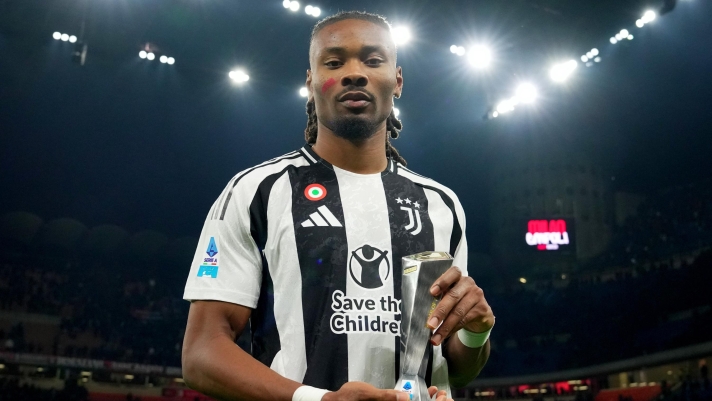 Juventus' Khephren Thuram Panini player of the match during  the Serie A soccer match between Milan and Juventus  at San Siro  Stadium in Milan  , North Italy - Saturday  , November 23  , 2024. Sport - Soccer . (Photo by Spada/Lapresse)