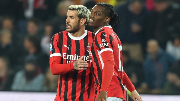 UDINE, ITALY - APRIL 11: Theo Hernandez and Rafael Leao of AC Milan celebrate during the Serie match between Udinese and Milan at Stadio Friuli on April 11, 2025 in Udine, Italy. (Photo by Claudio Villa/AC Milan via Getty Images)