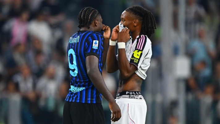   Marcus Thuram of FC Internazionale reacts with Thuram of Juventus FC during the Serie A match between Juventus FC and FC Internazionale at  on September 13, 2025 in Turin, Italy. (Photo by Mattia Pistoia - Inter/Inter via Getty Images)