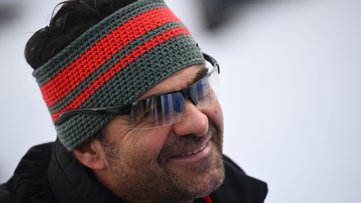 Italian ski legend Alberto Tomba is seen in the finish area of the Women's Giant Slalom race of Kronplatz part of the FIS Alpine ski World Cup on January 26, 2021 in Plan de Corones. (Photo by Marco BERTORELLO / AFP)