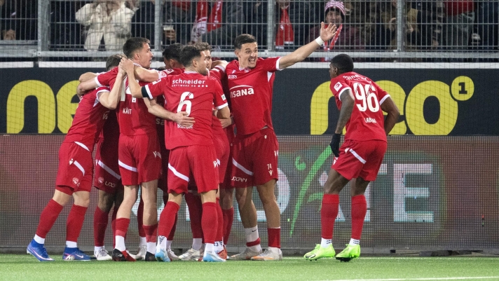 Thun's players celebrate after scoring their second goal during the Swiss Super League soccer championship match between FC Thun and FC St.Gallen 1879, in Thun, Switzerland, Friday, March 6, 2026. (Peter Schneider/Keystone via AP)