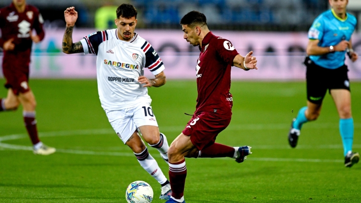 CAGLIARI, ITALY - MAY 17: Gianluca Gaetano of Cagliari in contrast during the Serie A match between Cagliari Calcio and Torino FC at Stadio Sant'Elia on May 17, 2026 in Cagliari, Italy. (Photo by Enrico Locci/Getty Images)