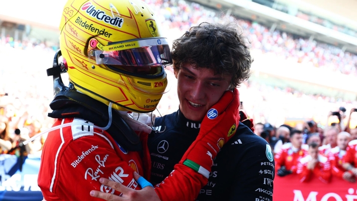  Andrea Kimi Antonelli of Italy and Mercedes AMG Petronas F1 Team congratulates Race winner Lewis Hamilton of Great Britain and Scuderia Ferrari in parc ferme during the F1 Grand Prix of Barcelona-Catalunya at Circuit de Barcelona-Catalunya on June 14, 2026 in Barcelona, Spain. (Photo by Bryn Lennon - Formula 1/Formula 1 via Getty Images)