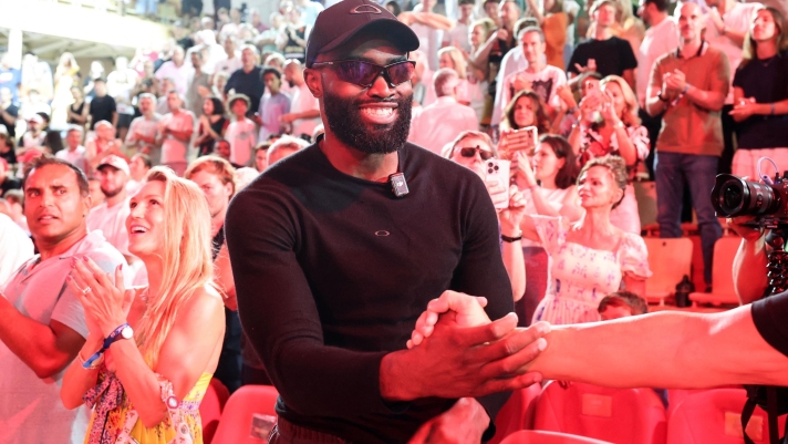 Boston Celtic's US basket ball player Jaylen Brown (C) reacts at the end of the French Ligue Nationale de Basket (LNB Elite) Pro A game four of the final between AS Monaco Basket and Paris Basketball, at the Gaston Medecin arena in Monaco on June 21, 2026. (Photo by Valery HACHE / AFP)