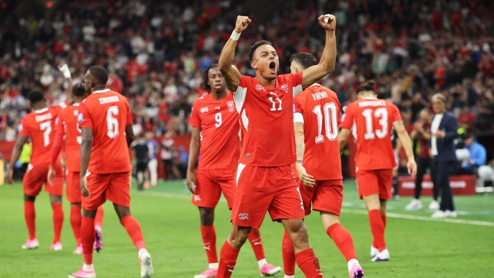  Dan Ndoye #11 of Switzerland celebrates scoring his team's second goal during the FIFA World Cup 2026 Round of 32 match between Switzerland and Algeria at BC Place Vancouver on July 02, 2026 in Vancouver, British Columbia.   Alex Grimm/Getty Images/AFP (Photo by ALEX GRIMM / GETTY IMAGES NORTH AMERICA / Getty Images via AFP)