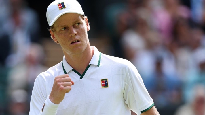  Jannik Sinner of Italy reacts against Jenson Brooksby of United States during their Gentlemen's Singles third round match on day five of The Championships Wimbledon 2026 at All England Lawn Tennis and Croquet Club on July 03, 2026 in London, England. (Photo by Cameron Spencer/Getty Images)
