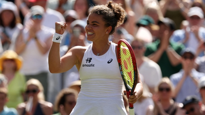 LONDON, ENGLAND - JULY 06: Jasmine Paolini of Italy celebrates victory over Alexandra Eala of Philippines during their Ladies' Singles fourth round match on day eight of The Championships Wimbledon 2026 at All England Lawn Tennis and Croquet Club on July 06, 2026 in London, England. (Photo by Matthew Stockman/Getty Images)