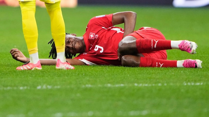 Switzerland's Johan Manzambi (9) reacts during the World Cup round of 32 soccer match between Switzerland and Algeria in Vancouver, British Columbia, Thursday, July 2, 2026. (AP Photo/Lindsey Wasson)