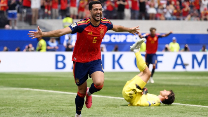  Mikel Merino #6 of Spain celebrates scoring his team's second goal during the FIFA World Cup 2026 Quarter Final match between Spain and Belgium at Los Angeles Stadium on July 10, 2026 in Inglewood, California.   David Ramos/Getty Images/AFP (Photo by David Ramos / GETTY IMAGES NORTH AMERICA / Getty Images via AFP)
