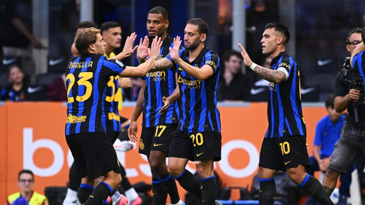  Players of FC Internazionale celebrate their team's second goal during the Serie A match between FC Internazionale and AC Monza at Stadio Giuseppe Meazza on August 22, 2026 in Milan, Italy. (Photo by Mattia Ozbot - Inter/Inter via Getty Images)
