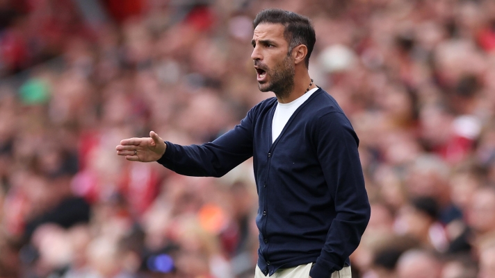  Cesc Fabregas, Manager of Como Calcio, reacts during the pre-season friendly match between Liverpool FC and Como Calcio at Anfield on August 16, 2026 in Liverpool, England. (Photo by Lewis Storey/Getty Images)