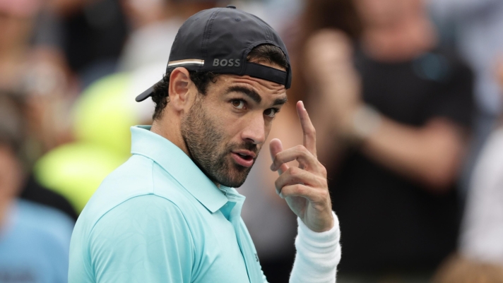 Matteo Berrettini, of Italy, reacts after he won a match against Stan Wawrinka, of Switzerland, during the first round of the U.S. Open tennis championships Monday, Aug. 31, 2026, in New York. (AP Photo/Adam Hunger)