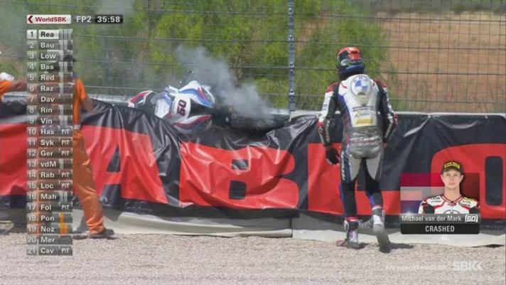 Michael Van der Mark è stato protagonista di un incidente in curva 8 durante le FP2 sul circuito di Aragon. L'impatto, senza conseguenze per il pilota, ha causato la momentanea sospensione della sessione