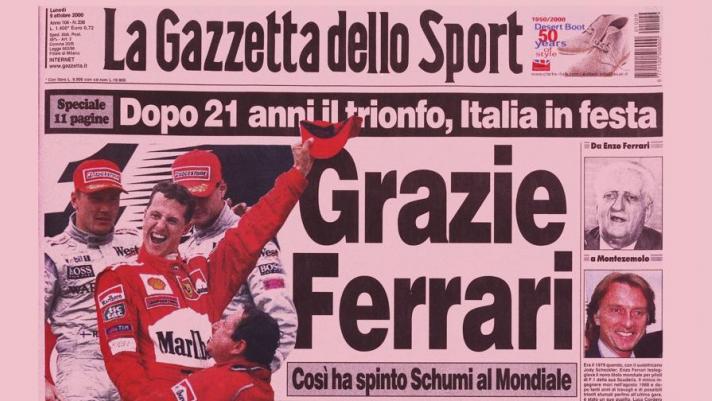 Due con la Benetton (1994 e 1995). Poi cinque consecutivi alla guida della Ferrari, dal 2000 al 2004. I trionfi di Michael Schumacher celebrati sulle prime pagine della Gazzetta dello Sport