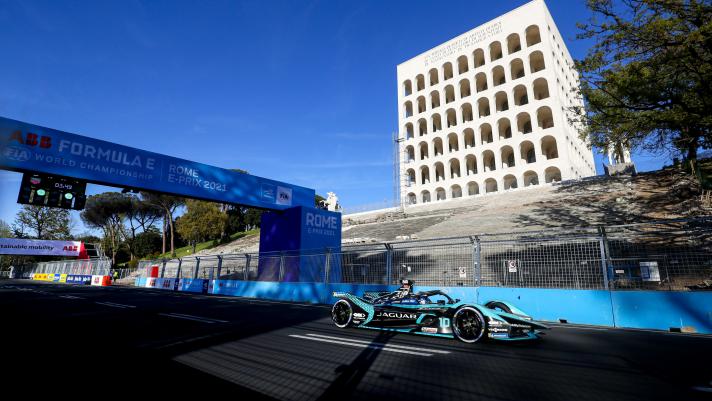 ROME, ITALY - APRIL 10: In this handout image provided by Panasonic Jaguar Racing, Sam Bird of Great Britain, Jaguar Racing, drives the Jaguar I-Type 5 during round 3 of the ABB FIA Formula E Championship - Rome E-Prix on April 10, 2021 in Rome, Italy. (Photo by Panasonic Jaguar Racing via Getty Images)