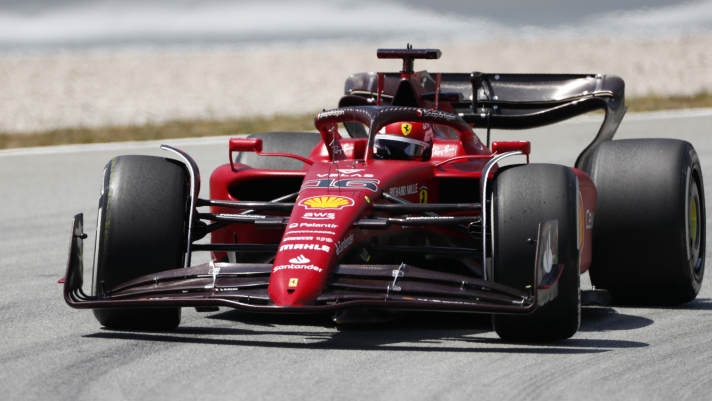 Ferrari driver Charles Leclerc of Monaco steers his car during practice session at the Barcelona Catalunya racetrack in Montmelo, Spain, Friday, May 20, 2022. The Formula One race will be held on Sunday. (AP Photo/Joan Monfort)