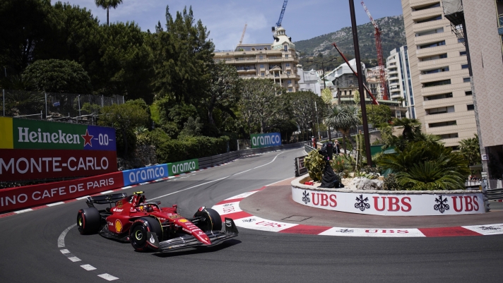 Ferrari driver Carlos Sainz of Spain steers his car during the third free practice at the Monaco racetrack, in Monaco, Saturday, May 28, 2022. The Formula one race will be held on Sunday. (AP Photo/Daniel Cole)