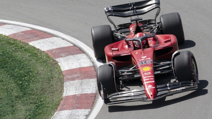 Scuderia Ferrari driver Charles Leclerc, of Monaco, takes part in the first practice session at the Formula One Canadian Grand Prix auto race in Montreal, Friday, June 17, 2022. (Jacques Boissinot/The Canadian Press via AP)