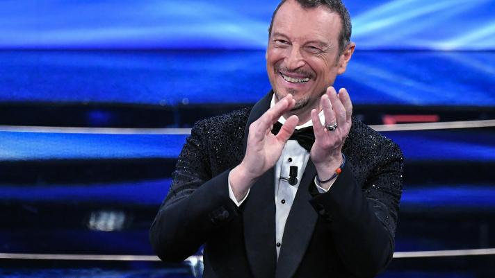 Sanremo Festival host and artistic director, Amadeus, on stage at the Ariston theatre during the 72nd Sanremo Italian Song Festival, Sanremo, Italy, 05 February 2022. The music festival runs from 01 to 05 February 2022. ANSA/ETTORE FERRARI