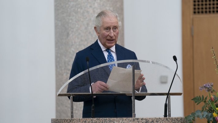 Britain's King Charles speaks during a reception with members of the local community and organisations at the Church of Christ the Cornerstone, during his visit to Milton Keynes, Britain, Thursday Feb. 16, 2023. (Arthur Edwards/Pool via AP)