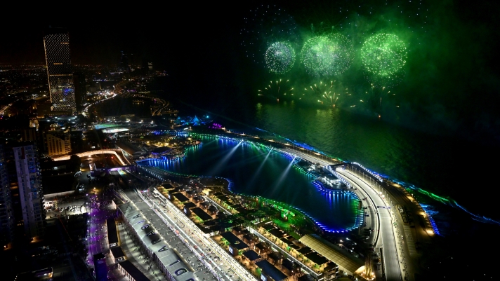 JEDDAH, SAUDI ARABIA - MARCH 27: Fireworks are pictured over the circuit during the F1 Grand Prix of Saudi Arabia at the Jeddah Corniche Circuit on March 27, 2022 in Jeddah, Saudi Arabia. (Photo by Clive Mason/Getty Images)