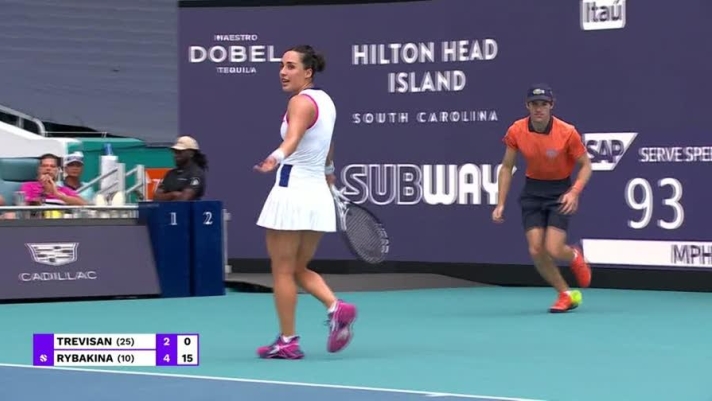 Al WTA 1000 di Miami, dopo la vittoria su Ostapenko, Martina Trevisan è costretta ad arrendersi ai quarti davanti a Elena Rybakina: la russa naturalizzata kazaka, alla sua 20ª vittoria nel 2023, passa col punteggio di 6-3, 6-0.