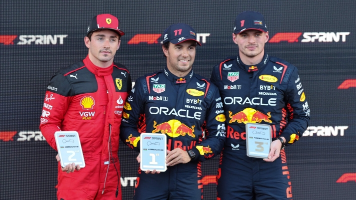 Il podio della Sprint con Leclerc, Perez e Verstappen. AFP