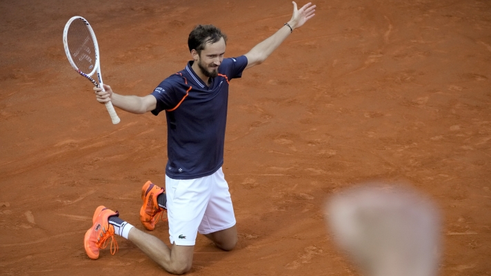 Daniil Medvedev of Russia celebrates defeating Denmark's Holger Rune during the men's final tennis match at the Italian Open tennis tournament in Rome, Italy, Sunday, May 21, 2023. (AP Photo/Gregorio Borgia)