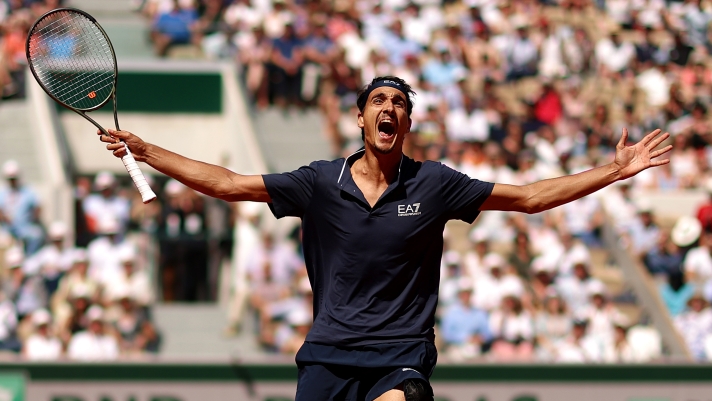 PARIS, FRANCE - JUNE 02: Lorenzo Sonego of Italy celebrates after winning match point against Andrey Rublev during the Men's Singles Third Round match on Day Six of the 2023 French Open at Roland Garros on June 02, 2023 in Paris, France. (Photo by Clive Brunskill/Getty Images)