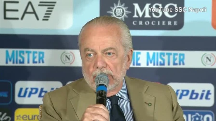 Le parole di Aurelio De Laurentiis durante la conferenza stampa di presentazione di Rudi Garcia, nuovo tecnico del Napoli (via Youtube SSC NAPOLI)