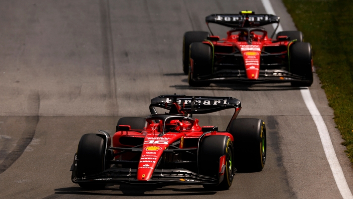 MONTREAL, QUEBEC - JUNE 18: Charles Leclerc of Monaco driving the (16) Ferrari SF-23 leads Carlos Sainz of Spain driving (55) the Ferrari SF-23 on track during the F1 Grand Prix of Canada at Circuit Gilles Villeneuve on June 18, 2023 in Montreal, Quebec.   Jared C. Tilton/Getty Images/AFP (Photo by Jared C. Tilton / GETTY IMAGES NORTH AMERICA / Getty Images via AFP)