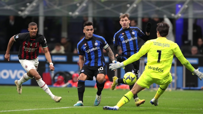 MILAN, ITALY - FEBRUARY 05: Lautaro Martinez of FC Internazionale scores his team's second goal but it is disallowed during the Serie A match between FC Internazionale and AC MIlan at Stadio Giuseppe Meazza on February 05, 2023 in Milan, Italy. (Photo by Emilio Andreoli - Inter/Inter via Getty Images)