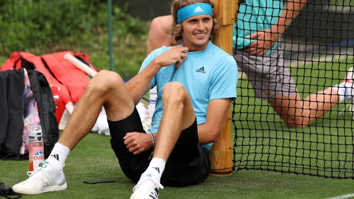 LONDON, ENGLAND - JUNE 30: Alexander Zverev of Germany sits down during a practice session ahead of The Championships - Wimbledon 2023 at All England Lawn Tennis and Croquet Club on June 30, 2023 in London, England. (Photo by Clive Brunskill/Getty Images)