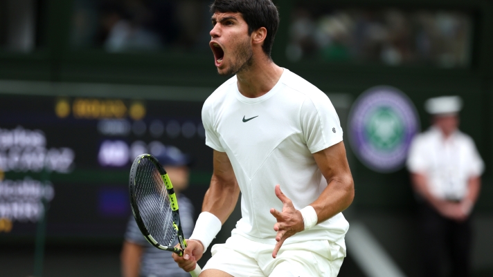 LONDON, ENGLAND - JULY 08: Carlos Alcaraz of Spain reacts against Nicolas Jarry of Chile in the Men's Singles third round match during day six of The Championships Wimbledon 2023 at All England Lawn Tennis and Croquet Club on July 08, 2023 in London, England. (Photo by Julian Finney/Getty Images)
