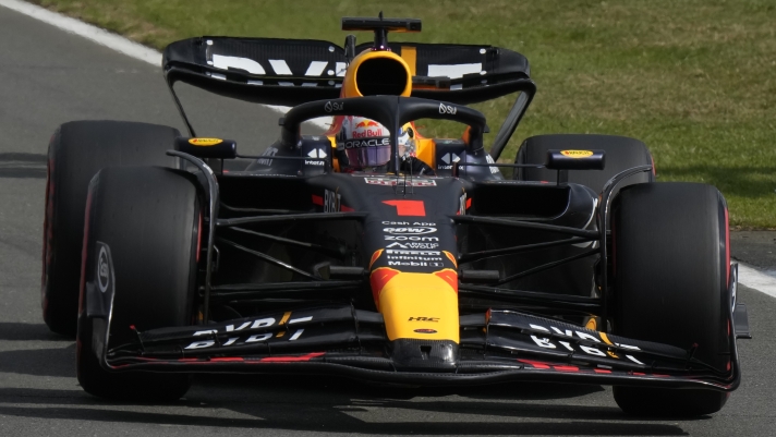 Red Bull driver Max Verstappen of the Netherlands steers his car during the qualifying session at the British Formula One Grand Prix at the Silverstone racetrack, Silverstone, England, Saturday, July 8, 2023. The British Formula One Grand Prix will be held on Sunday. (AP Photo/Luca Bruno)