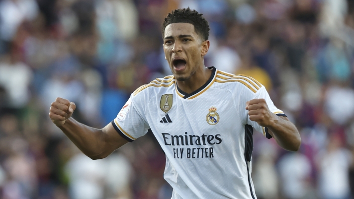 Real Madrid's Jude Bellingham celebrates after scoring his side's second goal during the La Liga soccer match between Barcelona and Real Madrid at the Olympic Stadium in Barcelona, Spain, Saturday, Oct. 28, 2023. (AP Photo/Joan Monfort)