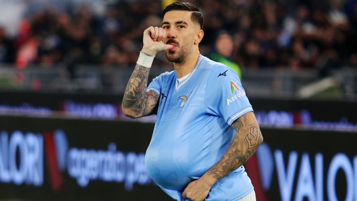 ROME, ITALY - JANUARY 10: Mattia Zaccagni of SS Lazio celebrates scoring his team's first goal during the Coppa Italia match between SS Lazio and AS Roma at Stadio Olimpico on January 10, 2024 in Rome, Italy. (Photo by Paolo Bruno/Getty Images)