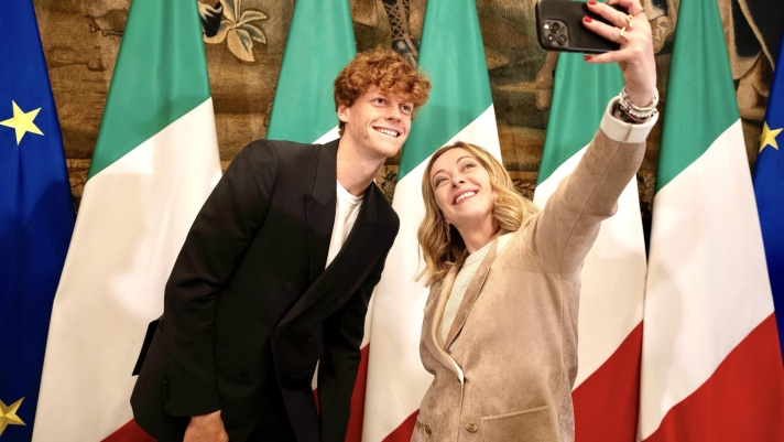 A handout picture, provided by Chigi Palace Press Office, shows Italian Premier, Giorgia Meloni, with tennis player, Jannik Sinner, at Chigi Palace, in Rome, Italy, 30 January 2024.    NPK     ANSA / Filippo Attili - Chigi Palace Press Office handout   +++ ANSA PROVIDES ACCESS TO THIS HANDOUT PHOTO TO BE USED SOLELY TO ILLUSTRATE NEWS REPORTING OR COMMENTARY ON THE FACTS OR EVENTS DEPICTED IN THIS IMAGE; NO ARCHIVING; NO LICENSING +++