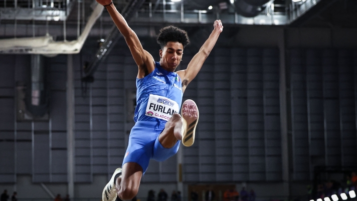 Italy's Mattia Furlani competes in the Men's Long Jump final during the Indoor World Athletics Championships in Glasgow, Scotland, on March 2, 2024. (Photo by Anne-Christine POUJOULAT / AFP)