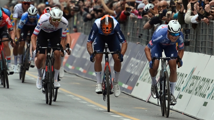 PHILIPSEN Jasper sprints to the finish line ahead of MATTHEWS Michael to win the men's elite race of the Milano -Sanremo one day cycling race (288km) from Pavia and to Sanremo - North West Italy- Saturday, March 16, 2024. Sport - cycling . (Photo by Gian Mattia D'Alberto/Lapresse)