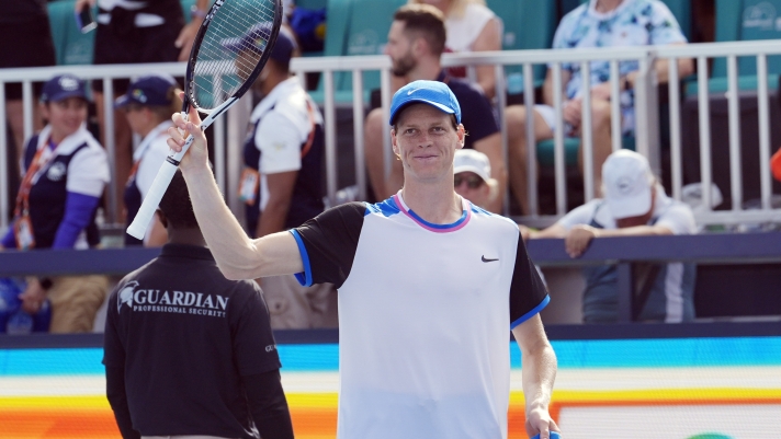 Jannik Sinner of Italy gestures after defeating Christopher O'Connell during the Miami Open tennis tournament, Tuesday, March 26, 2024, in Miami Gardens, Fla. (AP Photo/Marta Lavandier)