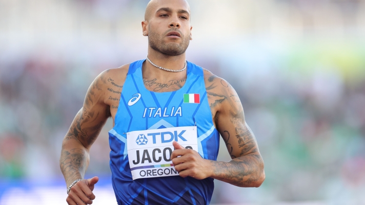 EUGENE, OREGON - JULY 15: Lamont Marcell Jacobs of Team Italy looks on after competing in the Men's 100 Meter Dash heats on day one of the World Athletics Championships Oregon22 at Hayward Field on July 15, 2022 in Eugene, Oregon.   Carmen Mandato/Getty Images/AFP
== FOR NEWSPAPERS, INTERNET, TELCOS & TELEVISION USE ONLY ==