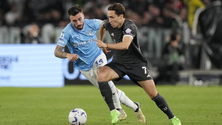 Juventus' Federico Chiesa, right, challenges for the ball with Lazio's Mario Gila during the Serie A soccer match between Lazio and Juventus at Rome's Olympic Stadium, Saturday, March 30, 2024. (AP Photo/Andrew Medichini)