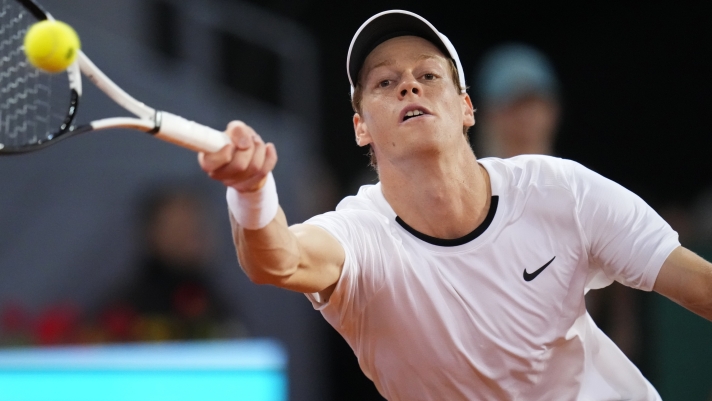 Jannik Sinner of Italy returns the ball to Pavel Kotov of Russia during the Mutua Madrid Open tennis tournament in Madrid, Spain, Monday, April 29, 2024. (AP Photo/Manu Fernandez)